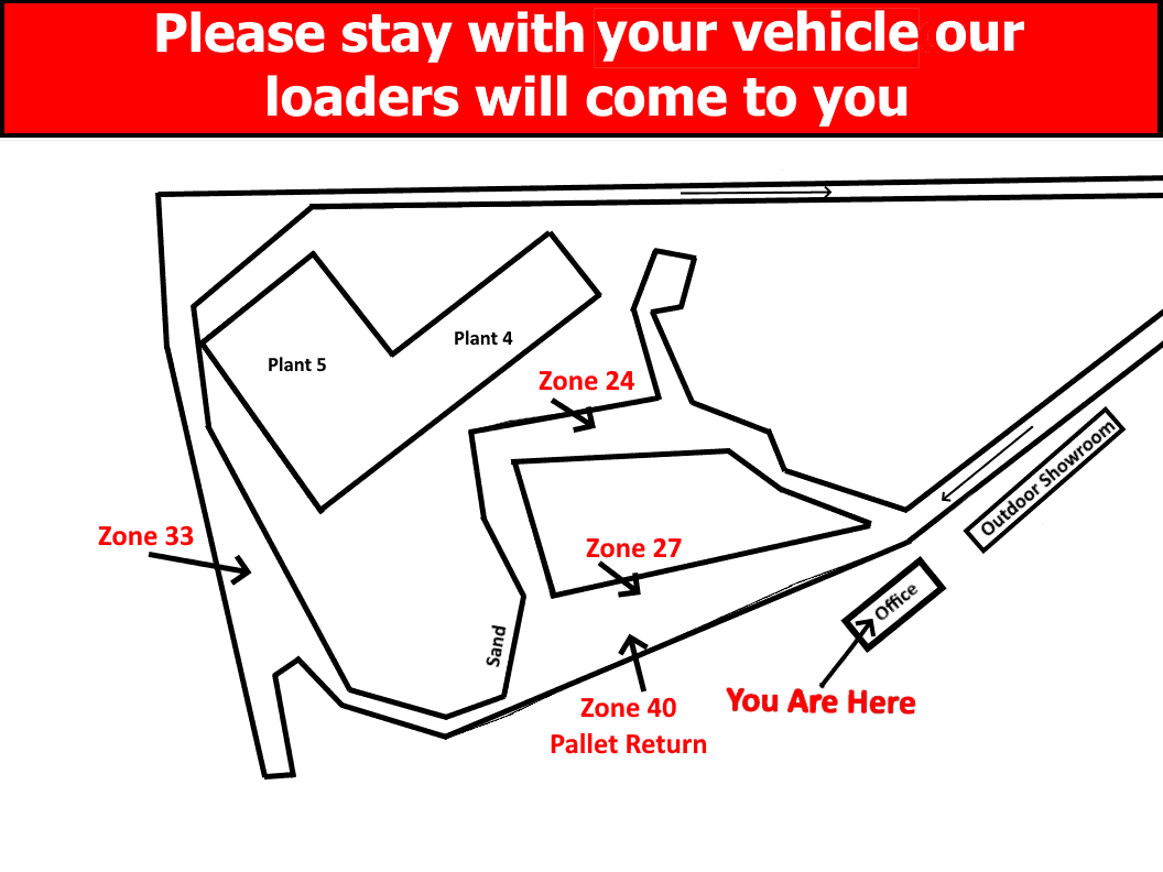 Please stay with your vehicles and our loaders will come to you. Map of the our Bartow location. You are currently at the office.